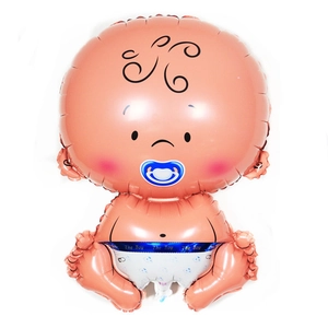 Close-up of baby shower foil balloon featuring a cute baby boy with blue pacifier