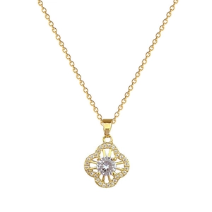 Luxurious gold clover pendant necklace featuring full pavé diamonds and a central zircon
