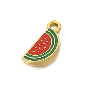 Fruit charms featuring colorful enamel watermelon slices in gold stainless steel frames