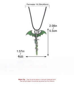 Detailed size specifications for the green dragon and sword pendant on black cord