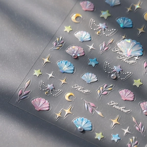 5D ocean shell nail stickers with iridescent 3D relief pearl and star designs