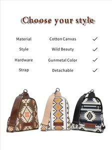 Three Aztec style cotton canvas crossbody bags with gunmetal hardware and detachable straps