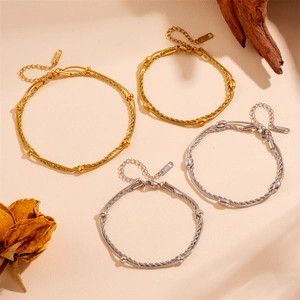 Double Layer Stainless Steel Bracelet With Twisted Rope And Snake Chain Metallic Beads Adjustable Jewelry For Women