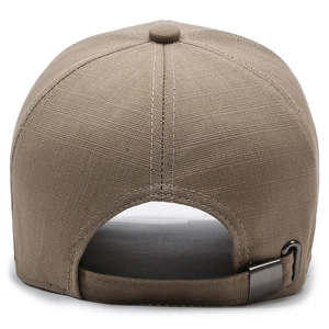 Men's khaki baseball cap with adjustable metal buckle and breathable fabric texture