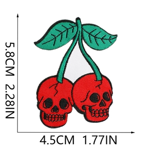 Skull cherry embroidery patch with dimensions 5.8cm x 4.5cm for clothing decoration