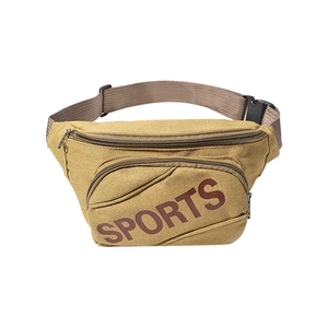 Khaki canvas sports waist bag with adjustable nylon strap and multi-zipper pockets