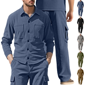 Men Corduroy Long Sleeve Shirt And Cargo Pants Ribbed Texture Casual Urban Fashion Outfit For Daily Wear