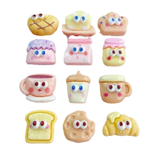 Set of 12 mini resin cartoon food charms including bread and drinks with cute eyes