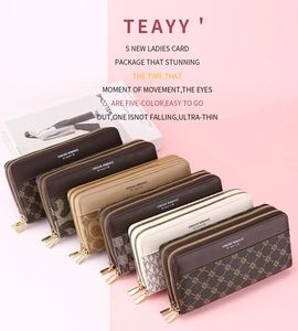 Detailed arrangement of long zipper wallets showing various patterns and chic prints