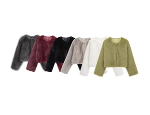 Detailed color swatches of short faux fur jackets in six different elegant shades
