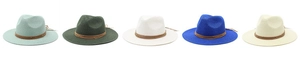 Detail of five assorted colorful wide brim straw fedora hats with leather buckle bands