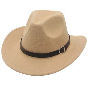 Classic beige felt fedora hat with wide brim and brown faux leather metallic buckle strap