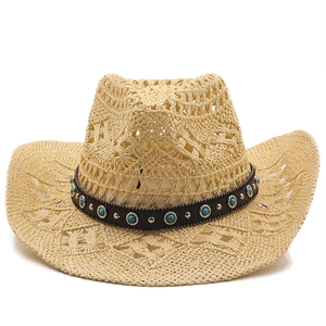 Woven straw cowboy hat with turquoise beads and wide brim for sun protection