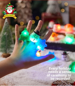 Close-up of LED glowing Christmas rings featuring snowman and snowflake on hand