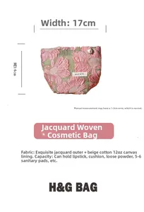 Floral pink toiletry bag detail showing 17x14cm size and premium jacquard fabric