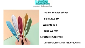 Detailed specs of colorful 0.5mm feather gel pens in blue, silver, and rose gold