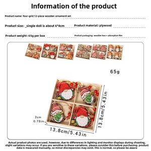 Detailed view of 12pcs wooden Christmas gnome pendants in a storage box with dimensions