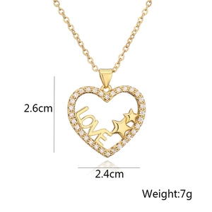 Detailed view of 18K gold heart pendant with LOVE letters and stars, size 2.4x2.6cm