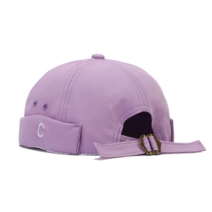Purple canvas brimless docker cap with white letter C embroidery and metal buckle