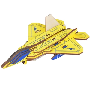 3D wooden puzzle of a yellow jet fighter aircraft model for kids educational building