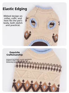 Detail of pet knit sweater featuring fair isle jacquard pattern and blue ribbed elastic edges