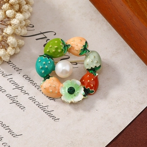 Chic strawberry flower wreath brooch with colorful enamel finish and central pearl