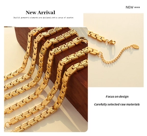 Macro detail of 18K gold geometric rectangular link chain with secure lobster clasp closure