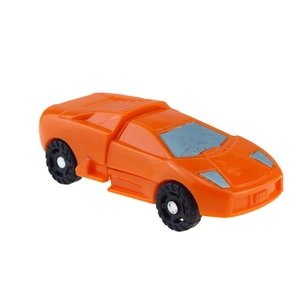 Detail view of orange transformer racing car toy with silver accents and plastic design