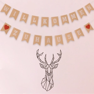 German Willkommen Zuhause brown burlap banner set with black wire deer head wall decor