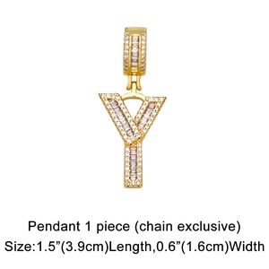 Detail of gold letter Y pendant with cubic zirconia stones measuring 3.9cm by 1.6cm