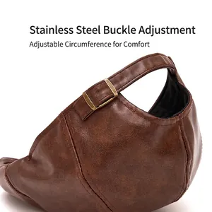 Brown leather beret hat with adjustable stainless steel buckle detail and retro texture