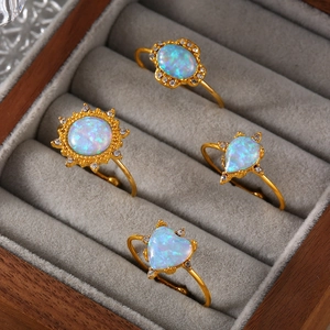 Open Adjustable Ring Stainless Steel Gold Plated Synthetic Opal Rhinestone Light Luxury Vintage Jewelry For Women