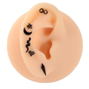 Set of six black stainless steel stud earrings featuring snake moon and star shapes