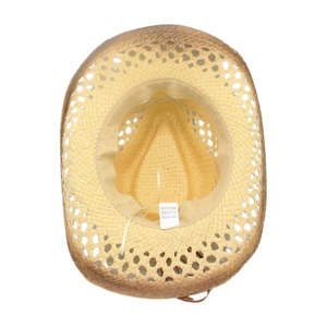 Internal view of hollow straw sun hat showing 100% paper material label and sweatband