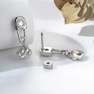 Silver paperclip earring with heart zircon cat paw pendant and screw back closure
