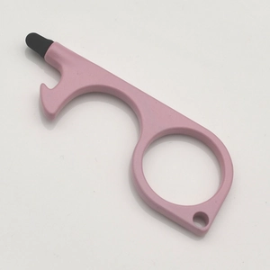 Macro detail of pink matte zinc alloy contactless door opener and stylus key ring