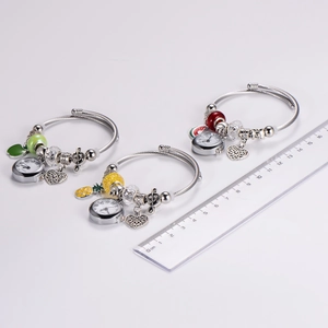 Adjustable beaded charm bracelet watch with heart pendants and colorful fruit accents
