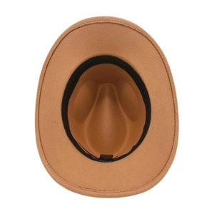 Top view of camel wool fedora hat interior showing black sweatband and size label details
