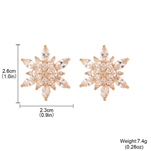 Luxurious gold snowflake stud earrings with marquise zircon stones and dimension labels