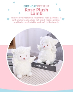 Detail of rose-textured curly plush sheep toy featuring soft fabric and birthday gift label
