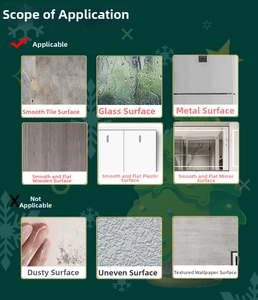 Christmas wall stickers application guide showing suitable surfaces like glass and metal
