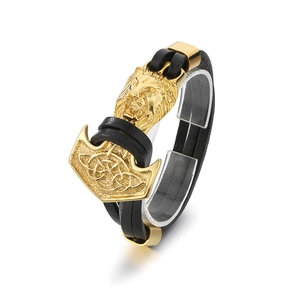 Men's Viking Mjölnir bracelet with gold lion head and black woven leather band