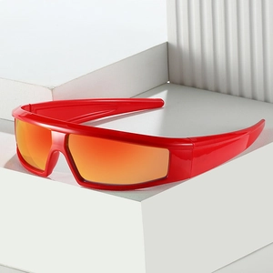 Red Y2K sports sunglasses with orange reflective lenses on minimalist white background