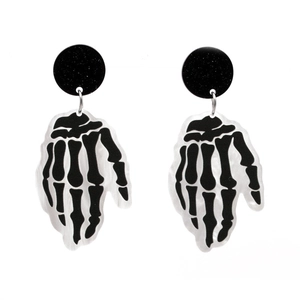 Boucles d'oreilles gothiques main de squelette en acrylique pour Halloween, noir et blanc