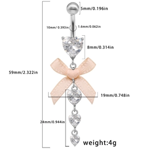 Dimensions du piercing de nombril avec zircon cubique cœur et nœud décoratif rose