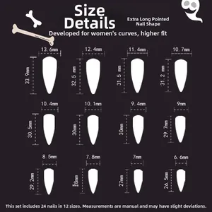Size chart showing 24 pieces of extra long stiletto press-on nails in 12 different sizes