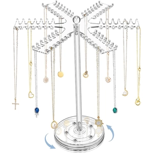 Clear acrylic rotating necklace organizer with umbrella hooks and a spinning base