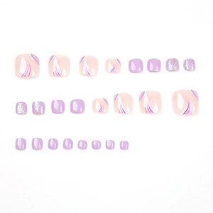 Purple glitter press-on toe nails with artistic line designs and glossy finish set