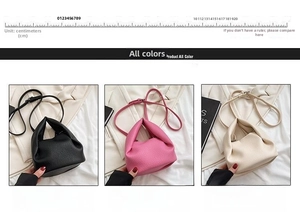 Detailed view of mini pleated cloud bags in black, pink, and white with a size scale