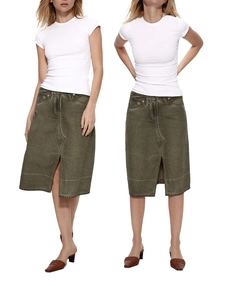 Detail view of military green denim midi skirt with front slit and stitching